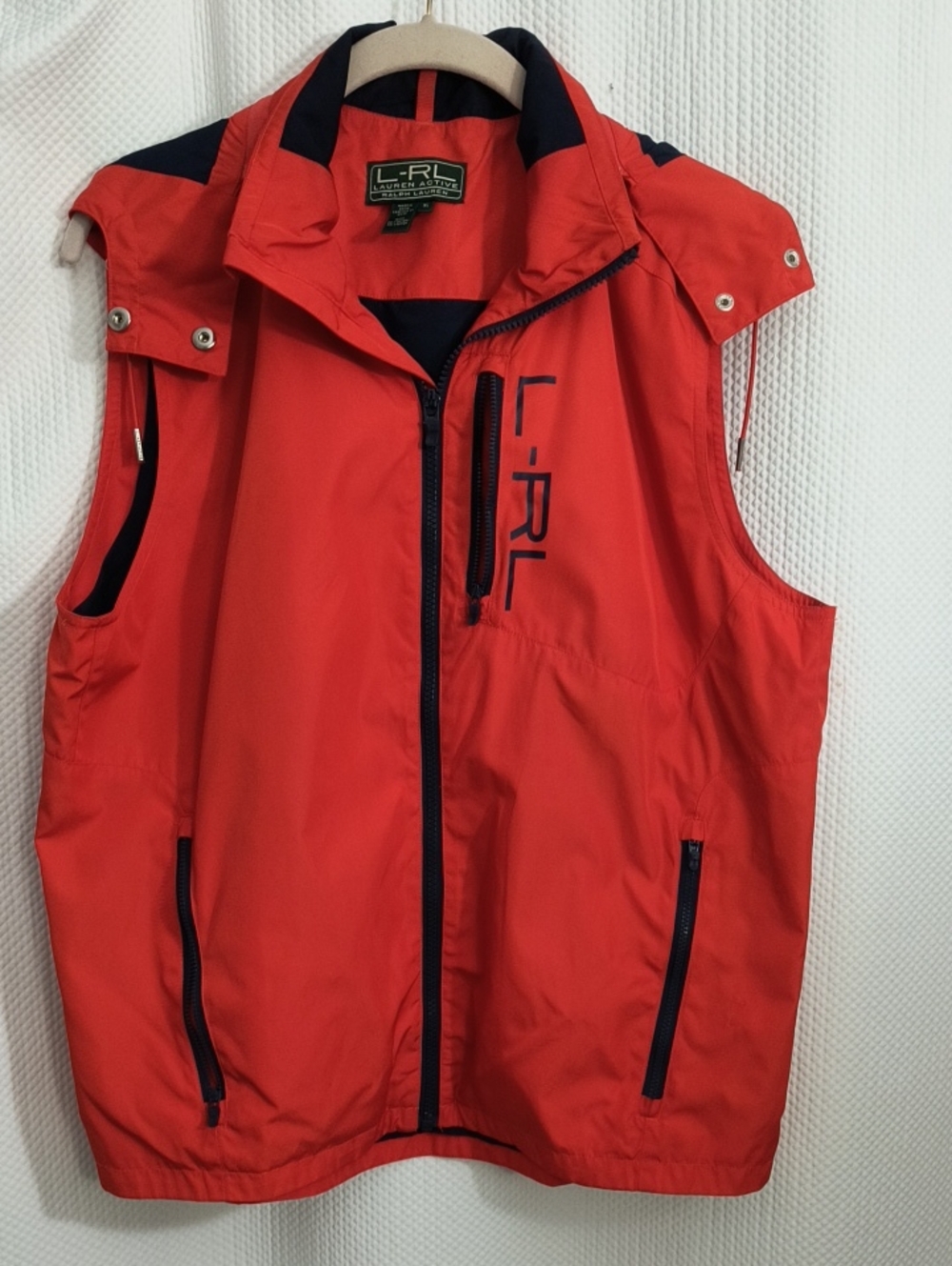 Ralph Lauren L-RL Red Sleeveless Windbreaker Vest with Navy Trim Women